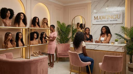 Premium human hair wigs displayed in a luxury salon