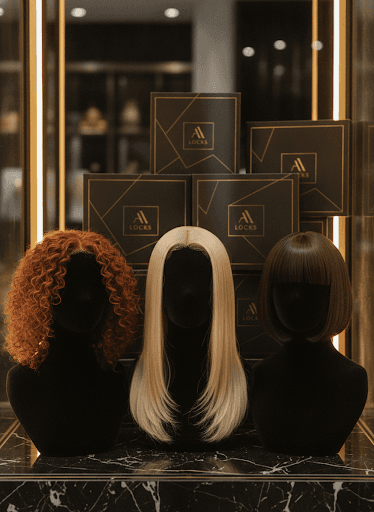 Luxury wig collection with curly, straight, and bob styles